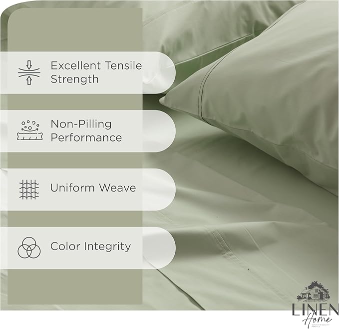 Linen Home 100% Cotton Percale Sheets King Size, Sage, Deep Pocket, 4 Pieces Set - 1 Flat, 1 Deep Pocket Fitted Sheet and 2 Pillowcases, Crisp Cool and Strong Bed Linen
