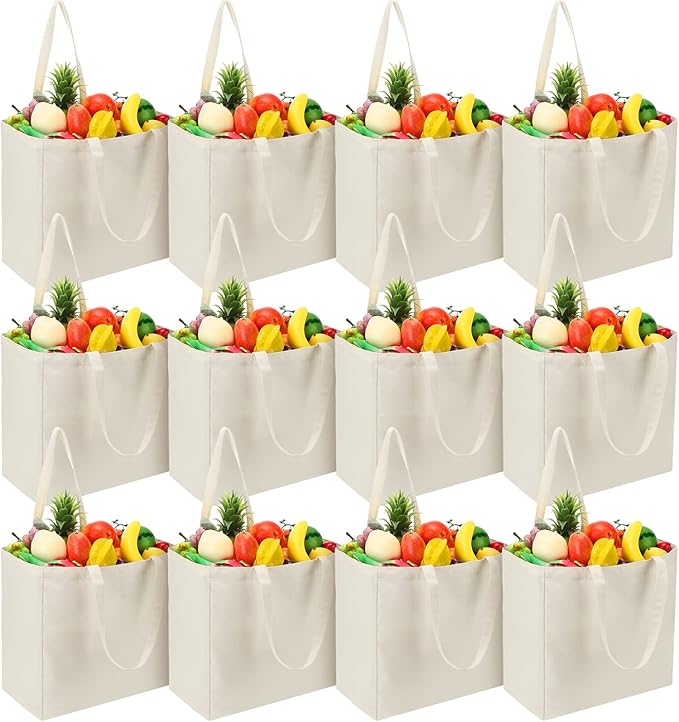 Reginary 12 Pack Canvas Grocery Bag Large Blank Shopping Tote Bags Reusable Pouches Bulk with Handle, 14 x 14 x 7.9''