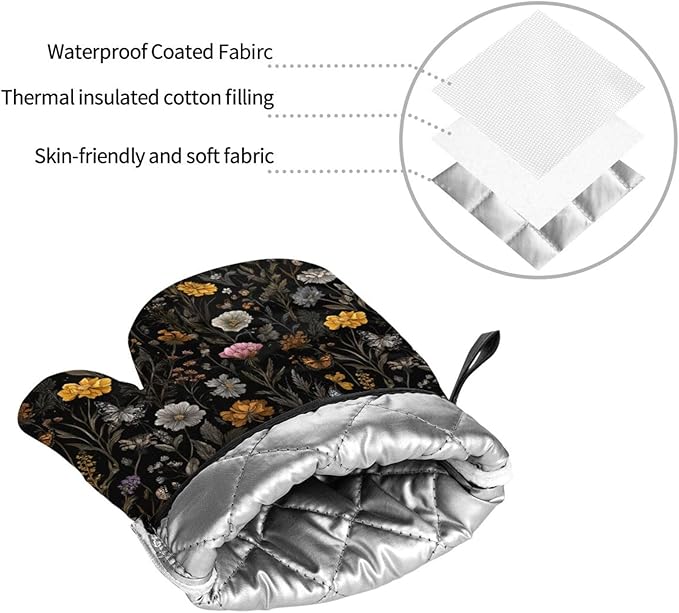 Oven Mitts and Pot Holders Sets of 4 Flower Butterfly Boho Botanical Kitchen Potholder Gloves Heat Resistant Non-Slip for Chef Baking Cooking Grilling BBQ Mittens