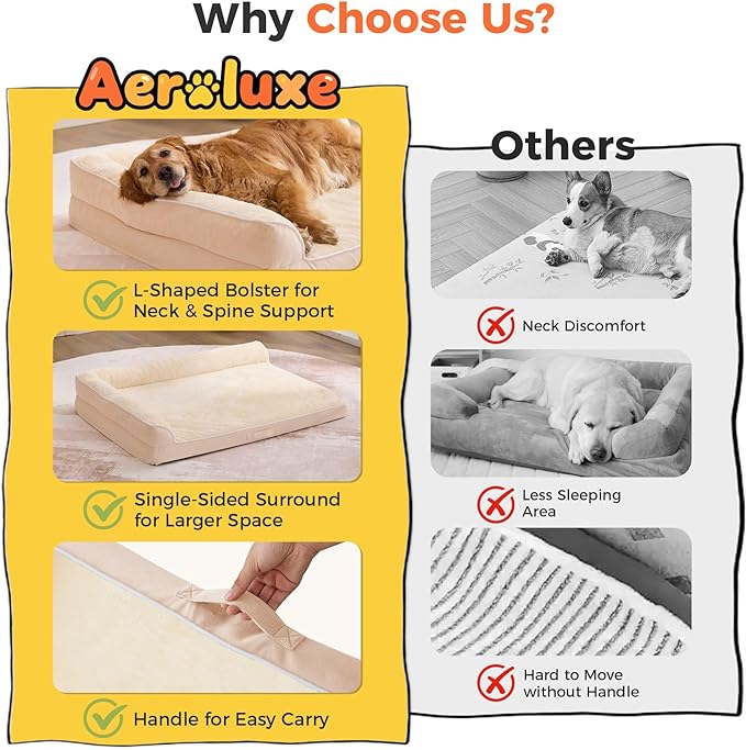 Aeroluxe Dog Bed Large Sized Dogs, XXL Orthopedic Dog Bed for Large Dogs, Waterproof Pet Bed with Washable Removable Cover, L-Shaped Pet Couch with Portable Handle 48"x35"x7.5", Beige