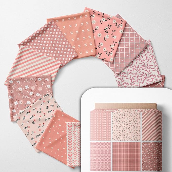 Cotton Satin Patchwork Fabric Panel – 35 Designs, 20×20 cm Squares, Single Piece 150×110 cm, Blush Pink Quilt Fabric (Peach Tones Geometric & Floral Set, 35pcs 8x8 inch)