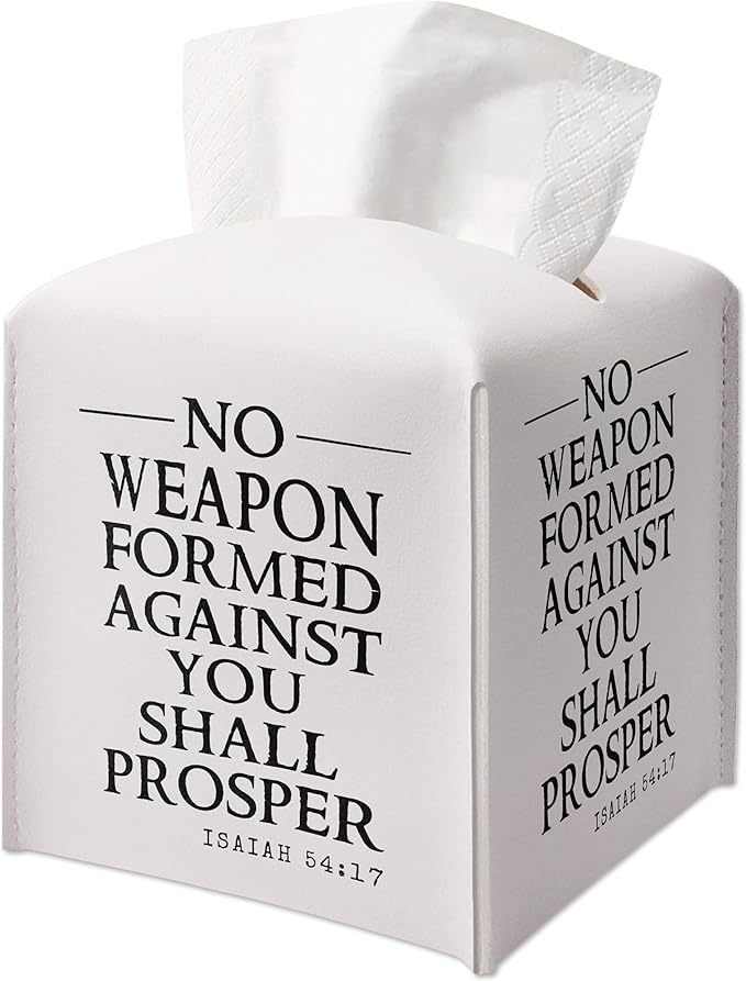 Christian Decorative Tissue Box Cover Square, Facial Paper Organizer, Inspirational Gift Ideas for Friends, No Weapon Formed Against Me Shall Prosper, Bathroom Office Decor-(5.2 Inches)