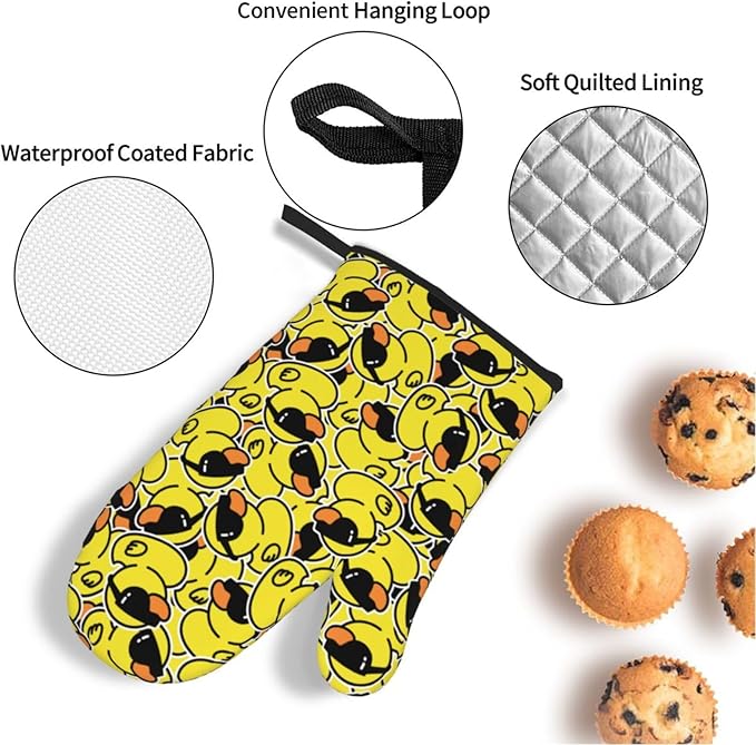 Funny Rubber Duck with Sunglasses Oven Mitts and Pot Holders 4 Pcs Set Oven Gloves and Potholders for Cooking Microwave BBQ Baking Grilling