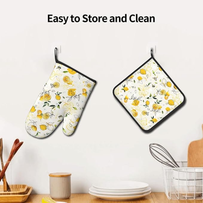 Lemon Oven Mitt & Pot Holder Set of 2，Spring Watercolor Floral Heat Resistant Kitchen Gloves Potholder Summer Fruit Cooking Gloves Pan Mats for Baking, Grilling, Kitchen，Outdoor