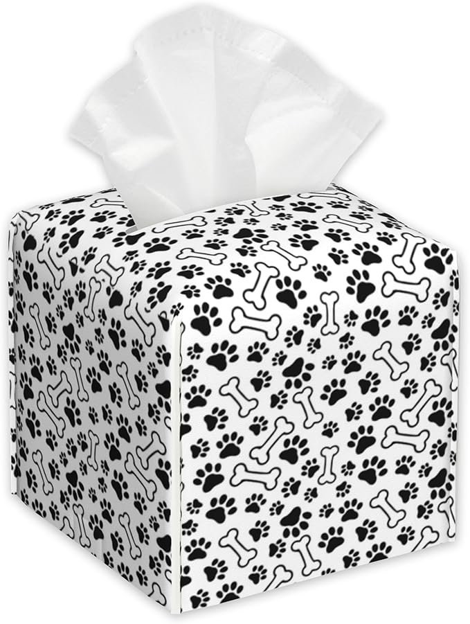 Animal Paws Tissue Box Cover,Dog Bones PU Leather Tissue Box Holder Square,Modern Home Decoration for Bathroom Living Room Kitchen Office Car,5.2"×5.2"×5.2"