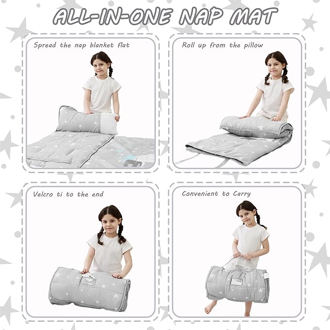 Lasoftan Toddler Nap Mat with Pillow and Blanket, Extra Large Rolled Napping Mats,Slumber Bags for Boys Girls,Kids Sleeping Bag for Daycare, Preschool Travel Camping