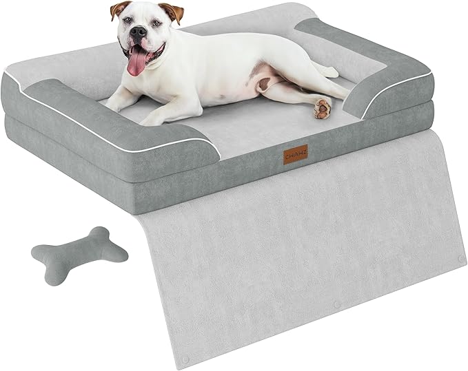 CWAWZ Dog Beds for Large Dogs, Orthopedic Pet Bed with Cooling Gel Memory Foam, Waterproof Large Dog Beds with Removable Washable Cover, 36" Pet Sofa Dutch Velvet with Blanket Bone Toy, Light Gray