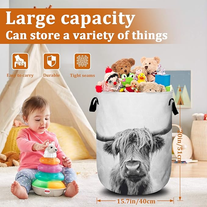Highland Cow Laundry Basket with Sturdy Handles, Collapsible Oxford Cloth Laundry Hamper Organizer Basket for Bathroom Bedroom 15.7x20 Inch