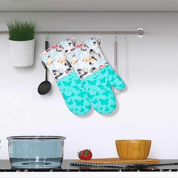 Oven Mitts, Heat Resistant with Soft Quilted Cotton Lining Set of 2, Fashion Design with Silicone Printing Anti-Slip Kitchen Gloves, Safe Backing Cooking Barbecue (Turquoise, Butterfly)