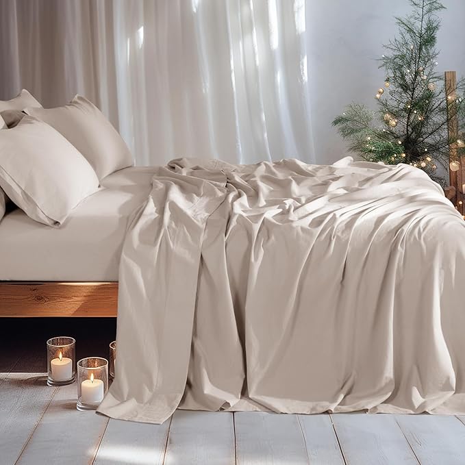 LBRO2M 100% Linen Sheet Set Full Size, Bed Sheets 6 Piece Sets,Solid Color Natural Flax Bed Sheets Soft Breathable Bedding,16" Deep Pocket,All Season (Full, Linen)