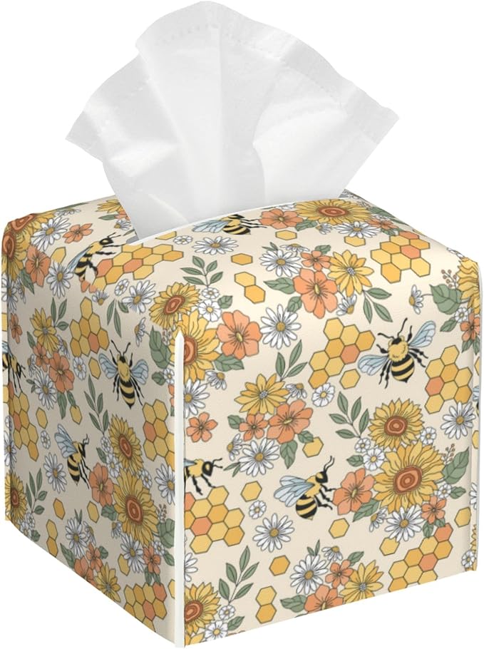 OHEGBXE Retro Hippie Flower Tissue Box Holder Bee and Honeycomb Square Leather Tissue Box Cover Modern Cube Facial Paper Cover Case for Bathroom Vanity Countertop Night Stands Tabletop