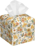 OHEGBXE Retro Hippie Flower Tissue Box Holder Bee and Honeycomb Square Leather Tissue Box Cover Modern Cube Facial Paper Cover Case for Bathroom Vanity Countertop Night Stands Tabletop