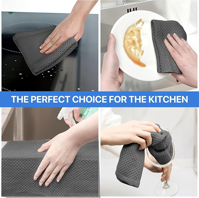 FreeNook 100% Cotton Waffle Weave Kitchen Towels, 4 Pack Dish Cloths for Washing Dishes, Ultra Soft Absorbent Dish Towels, Quick Drying Kitchen Rags, 13x28 Inches, Dark Grey