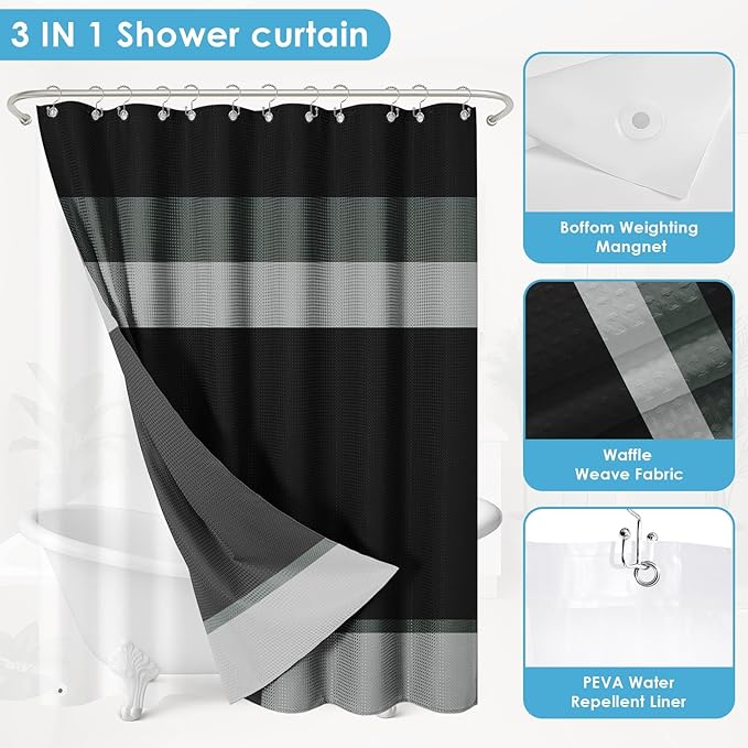 Nesphy Shower Curtain and Liner, Black and Grey Striped 3 in 1 Shower Curtain and PEVA Liner Set with 12 Rust-Resistant Metal Hooks, Waterproof Fabric Shower Curtains for Bathroom, 72 W x 72 H