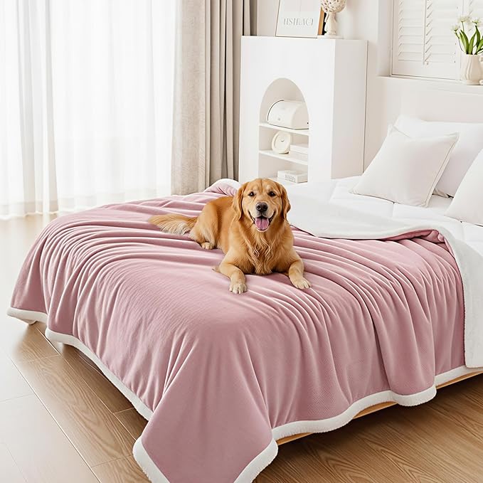 Smiry Waterproof Blanket Throw for Large Dogs, Soft Reversible Dog Blanket for Sofa Couch Bed, Washable Leakproof Sherpa Fleece Furniture Couch Protector(60"x80", Pink/White)