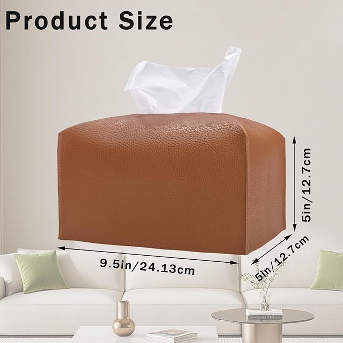 Hapforever 1PC Extra Large Rectangle Tissue Box Cover, PU Leather Rectangular Tissue Box Holder with Bottom Belt Plus Size Tissue Box Organizer for Bathroom/Car/Hotel/Office (9.5’’x5’’x5’’, Brown)