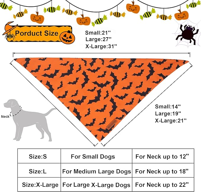 ADOGGYGO Halloween Dog Bandana, Pumpkin Bat Pet Scarf, Premium Durable Fabric, Orange Black Halloween Bandanas for Large and Extra Large Dogs Pets (X-Large)