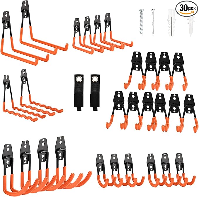 Rlipily 30 Pack Heavy Duty Steel Storage Hooks - Wall Mount Garage Hanger & Organizer for Bikes, Tools, Ladders, Bulk Items, Ropes and More