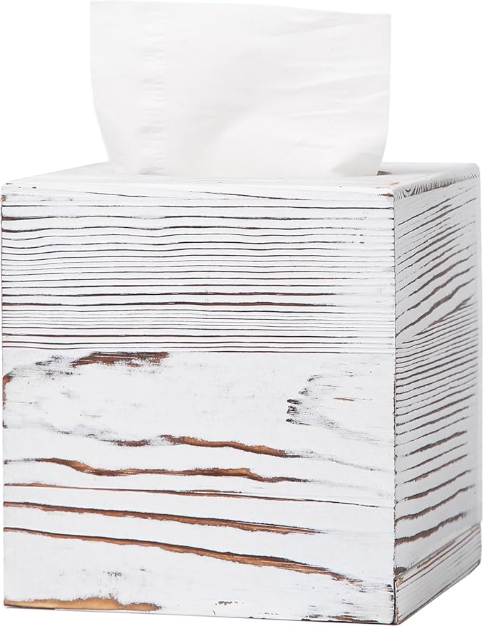 CATORY Tissue Box Cover, Wood Tissue Box Cover Square, Farmhouse Tissue Box Holder Covers Your Tissues, Decorative Tissue Cube Box Cover with Slide-Out Bottom (White)