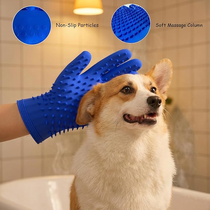 2 Pairs Pet Grooming & Hair Removal Gloves for Dogs & Cats, Electrostatic Silicone Mitts with Soft Bristles, Enhanced 5-Finger Design for Pet Massage, Deshedding & Coat Care, Easy to Use & Clean(Blue)
