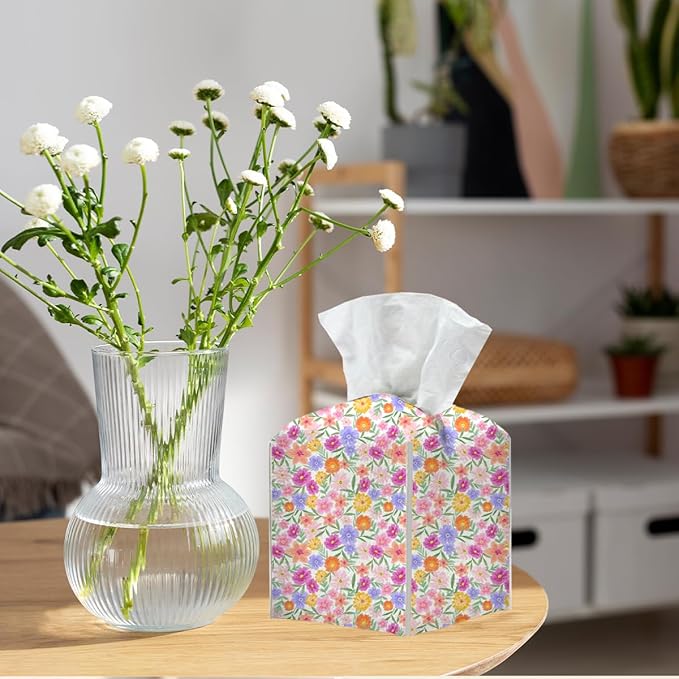 Tissue Box Cover, Tissue Box Holder, Square with Belt Bottom, PU Leather Decorative Organizer for Desk, Tabletop, Countertop Room, Toilet Car, Office, Dresser Bedside, Aesthetic Colorful Flower Decor