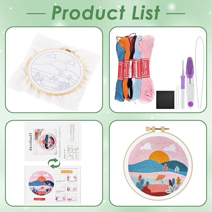 ERKOON Punch Needle Kit Adults Beginners, DIY Easy Landscapes Embroidery Set for Starter Art Craft, Needling Punch Project with Patterns, Tools, Yarns, Hoop, Instruction (Summer)