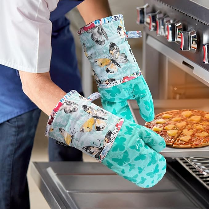 Oven Mitts, Heat Resistant with Soft Quilted Cotton Lining Set of 2, Fashion Design with Silicone Printing Anti-Slip Kitchen Gloves, Safe Backing Cooking Barbecue (Turquoise, Butterfly)
