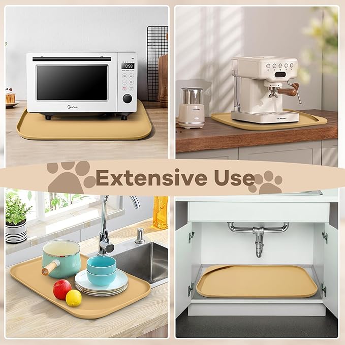Smilool Silicone Pet Food Mat with Raised Edge for Food and Water Bowl, Dog Feeding Mats, Cat Food Trays for Floor Waterproof, Rubber Tray for Dogs and Cats, 22 x 14 x 0.8 Beige