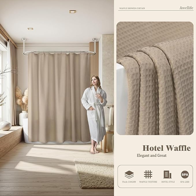 Awellife Waffle Hotel Textured Beige Shower Curtains for Bathroom 230 GSM Heavy Duty Fabric Liner, 72" W X 72" L Inch