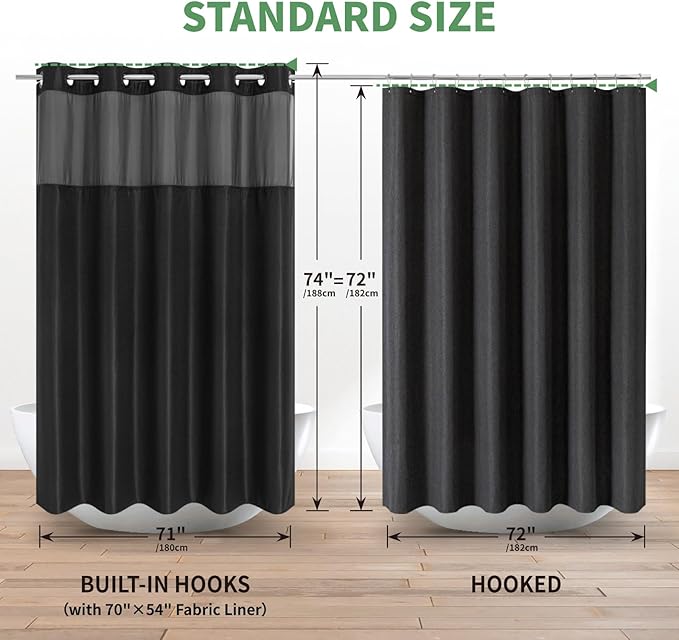 eachope Black No Hook Shower Curtain with Snap-in Fabric Liner Set,Waffle Weave Shower Curtains for Bathroom,Hotel Luxury Decor Bathroom Curtain Set,Waterproof & Washable,71Wx74H