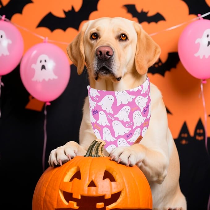 PTDECOR Halloween Dog Bandana, Cute Ghost Pumpkin Design Reversible Holiday Pet Scarf, Premium Durable Fabric, Adjustable Pink Black Halloween Bandanas for Medium Large Dogs Pets (Large)