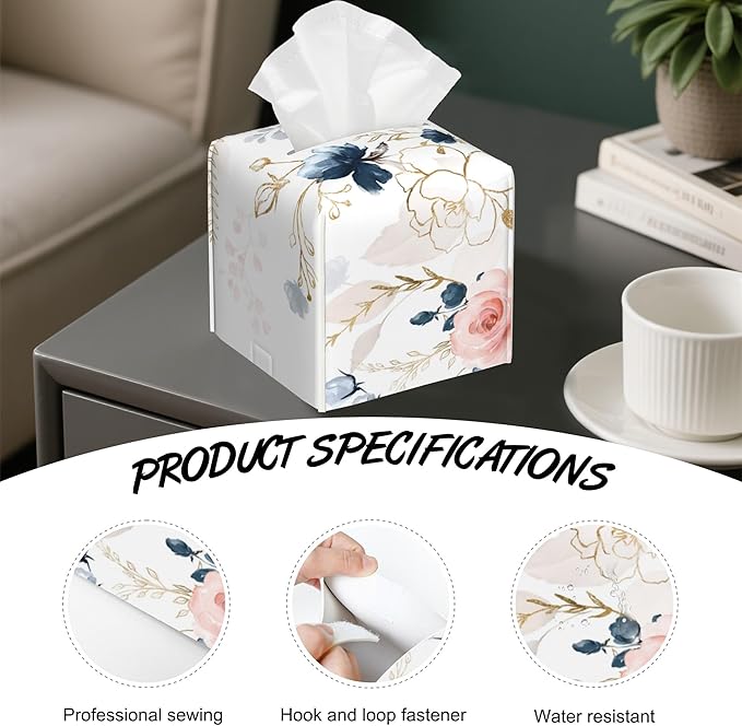 Watercolor Wildflowers Tissue Box Holder,Cube Tissue Box Cover Holder,Leather Facial Paper Organizer Dispenser Home for Bedroom Night Stands,Kitchen,Office and Car,5.2"×5.2"×5.2"