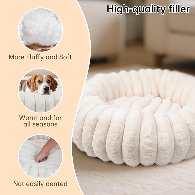 Vhen When Donut Dog and Cat Bed, Luxurious Comfortable Faux Rabbit Fur Pet Beds, Soft Anti-Anxiety Calming Puppy Kitten Bed with Anti-Slip Bottom for Small Medium Dogs & Cats(23", White)