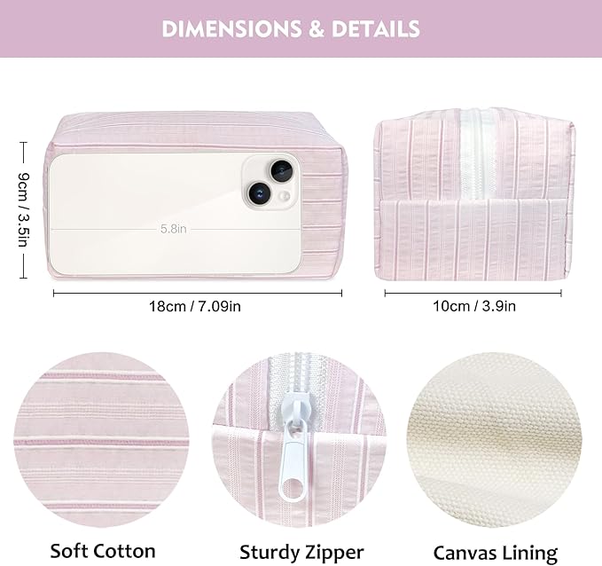 STARDW Striped Cotton Makeup Bag, Cute Cosmetic Pouch with Canvas Lining & Zipper, Travel Toiletry Bag