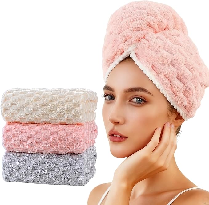 3 Pack Large Microfiber Hair Towels for Women , Super Absorbent Quick Dry Hair Wraps, 41x23 Inches with Elastic Strap, Anti-Frizz Hair Turban for Curly, Long , Thick Hair (Pink + White + Gray)