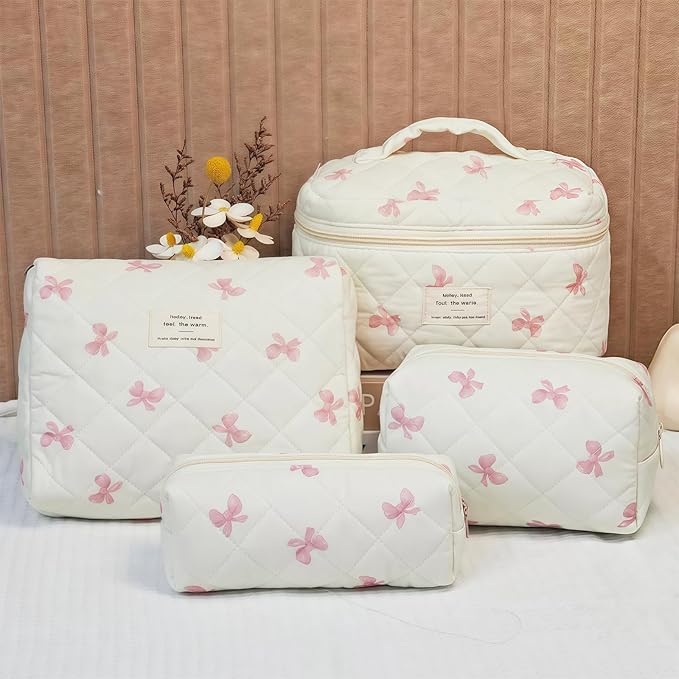 Quilted Makeup Bag, Large Capacity Travel Cosmetic Bag for Women and Girls, Aesthetic Storage for Daily and Travel Use (4pcs-pinkbow)