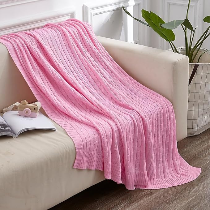 NTBAY 100% Pure Cotton Oversize (60x80) Cable Knit Throw Blanket, Super Soft Warm Knitted Throw Blanket for Bed, Sofa, Chair, Couch - Extra Cozy, Machine Washable, Comfortable Home Decor, Pink