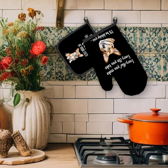 Corgi Gifts Dog Oven Mitts and Pot Holders Sets, Corgi Gifts for Corgi Lovers Kitchen Accessories Sets, Complete Without a Corgi Dog Black Heat Resistant Oven Glove Potholder for Kitchen Baking