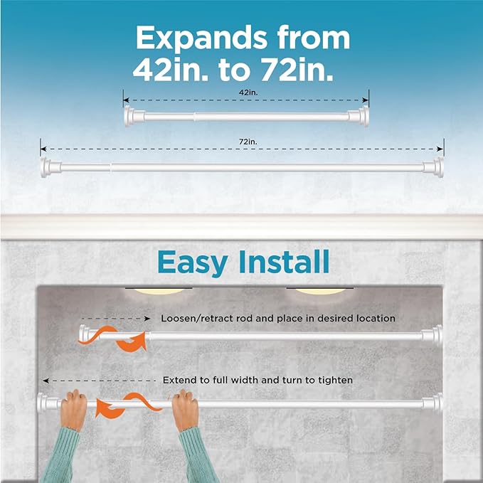 BLACK+DECKER Tension Shower Curtain Rod 42-72 Inch – Drill-Free Adjustable Curtain Rod, Rust-Resistant Stainless Steel Tension Curtain Rod for Shower, Bathroom, Window, Closet – 35 lb Capacity