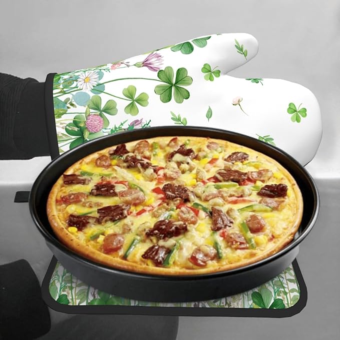 Shamrock Green Oven Mitts and Pot Holders 2Pcs, Spring Green Leaf Daisy Floral Chef Cooking Baking Gifts Oven Gloves Hot Pads Farmhouse Kitchen Accessories for BBQ Cooking Baking