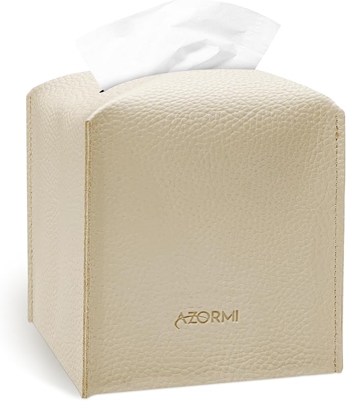 Tissue Box Cover Holder, PU Leather Tissue Box Cover Square with Bottom Belt, Cube Tissue Holder for Bathroom, Modern Organizer for Car, Office, Tabletop (Beige, 14 Leather Patterns)