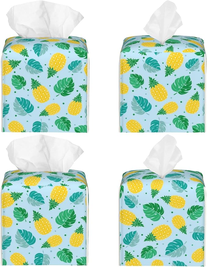 POIUBLE Pineapple and Tropical Leaves Tissue Box Cover Leather Tissue Box Holder Square Facial Paper Organizer Dispenser for Bathroom Kitchen Bedroom Vanity Countertop Night Stands