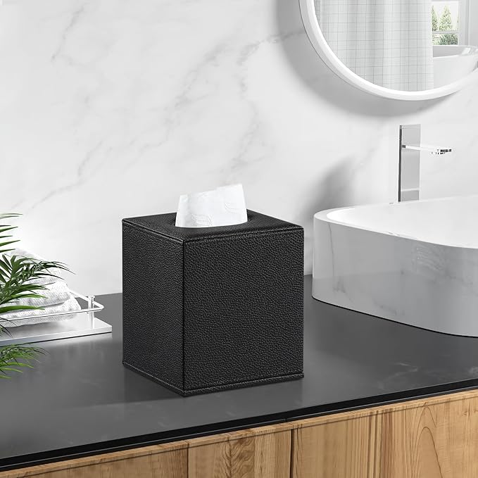 JLAMBOM PU Leather Tissue Box Cover Square Tissue Box Holder with Magnetic Closure, Decorative Tissue Holder for Bathroom Bedroom Office (Black)