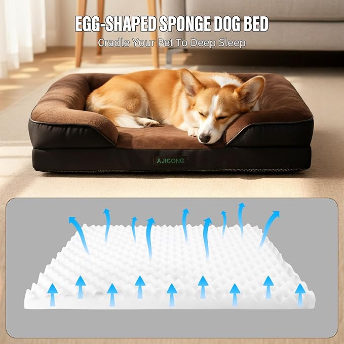 Orthopedic Egg-Shaped Sponge Dog Bed Small Size Dog with Sides, Removable Cover and Non-Slip Bottom (Brown, 24 * 18 * 6)