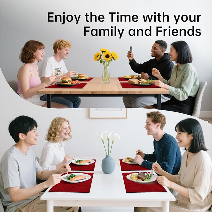 Blue Forest | Rectangular Faux Linen Placemats Set of 8 | Dual- Layered Thickened for Durability | Heat Resistant | Machine Washable | Wrinkle Free for Easy Care Indoor/Outdoor Use - Red