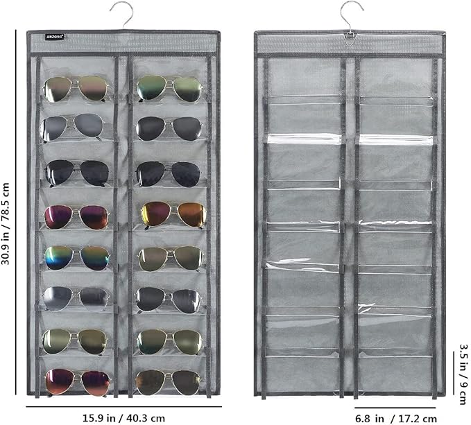 ANZORG Dual Sided Hanging Sunglasses Organizer Wall Eyeglass Holder Sunglass Rack for Home with 32 Dust Proof Pockets (32 Pockets-Grey)