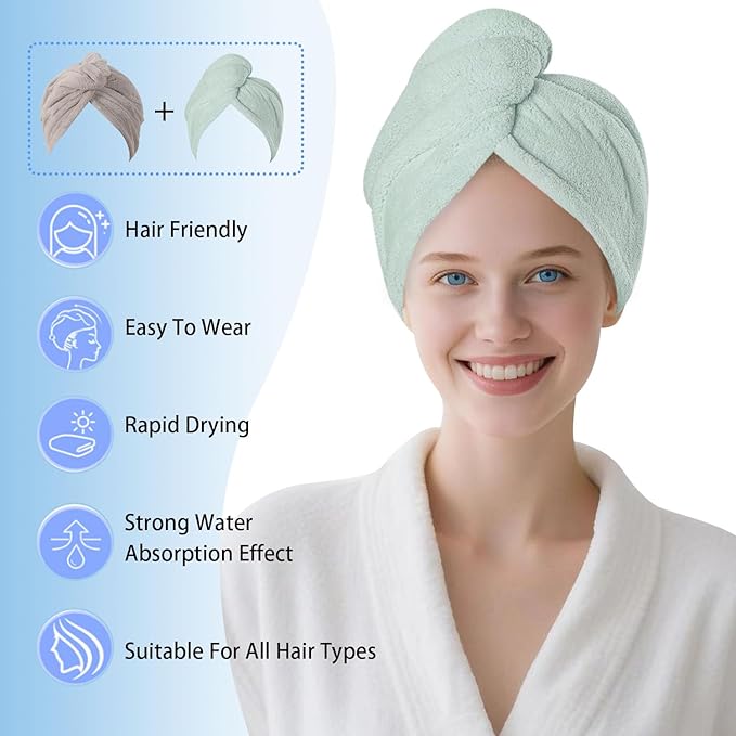 AGKXHDEC 2 Packs Single Layer Microfiber Hair Turbans - Drying Wrap for Women (Gray,Light Green)