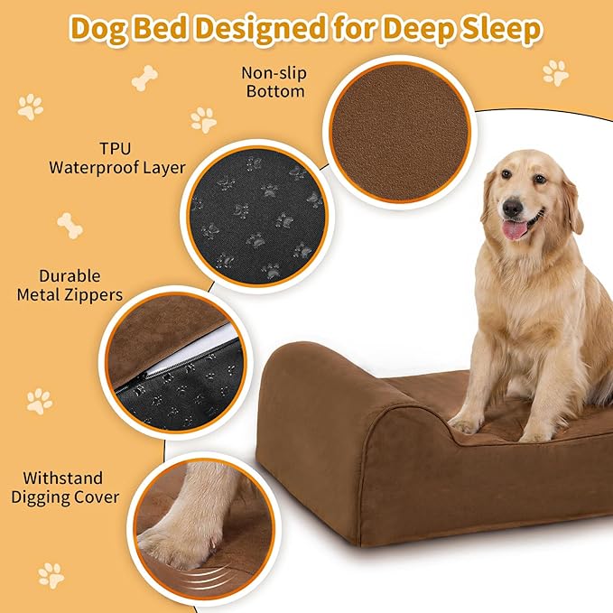 Rainmr Orthopedic Dog Beds for Large Dogs, 7" Memory Foam Dog Beds with Waterproof Liner, Durable Microsuede Cover, Removable and Washable, Nonskid Bottom, 60"x48"x7" XXL Chocolate