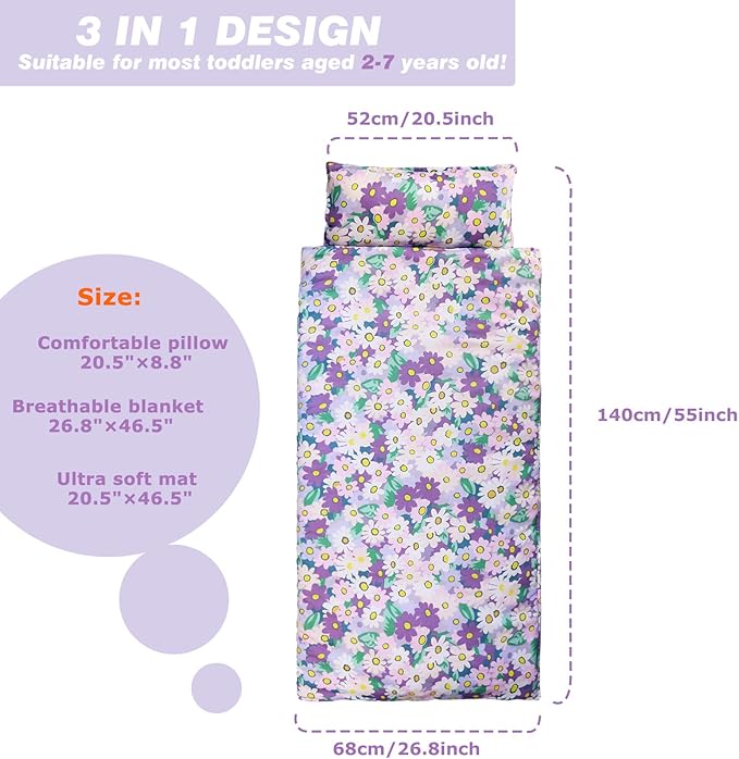 Hi Sprout Toddlers Nap Mat with Removable Pillow and Soft Blanket, Lightweight Daycare Preschool Kindergarten Sleeping Bag, Travel Slumber for Kids Girls Boys