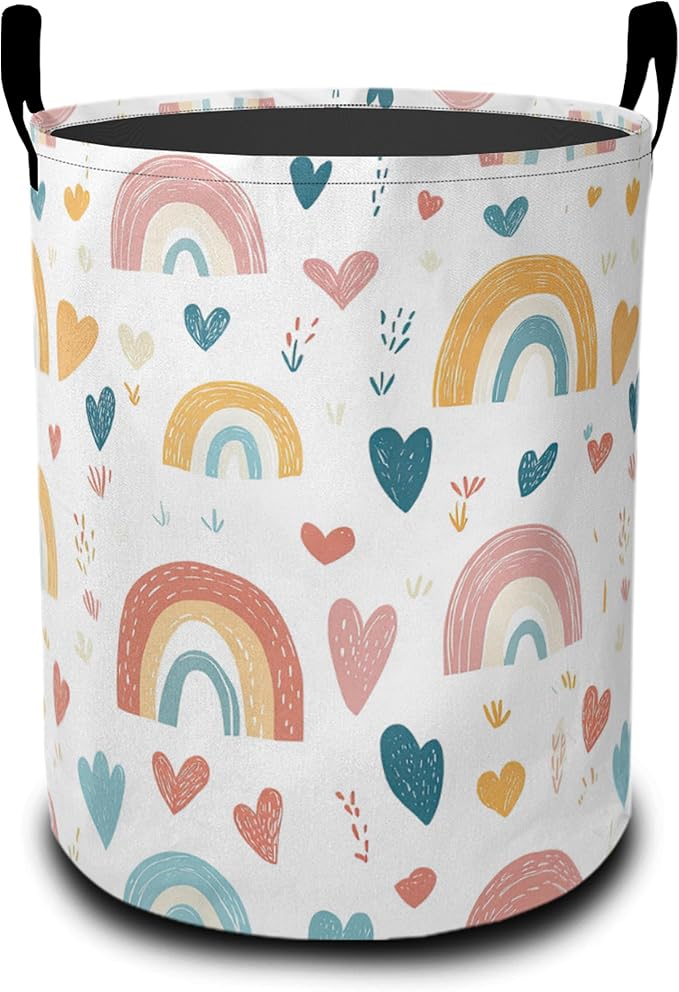 Laundry Basket,Cartoon Rainbow Large Canvas Fabric Lightweight Storage Hamper Organizer Dirty Clothes Collapsible Waterproof for College Dorms,Bathroom